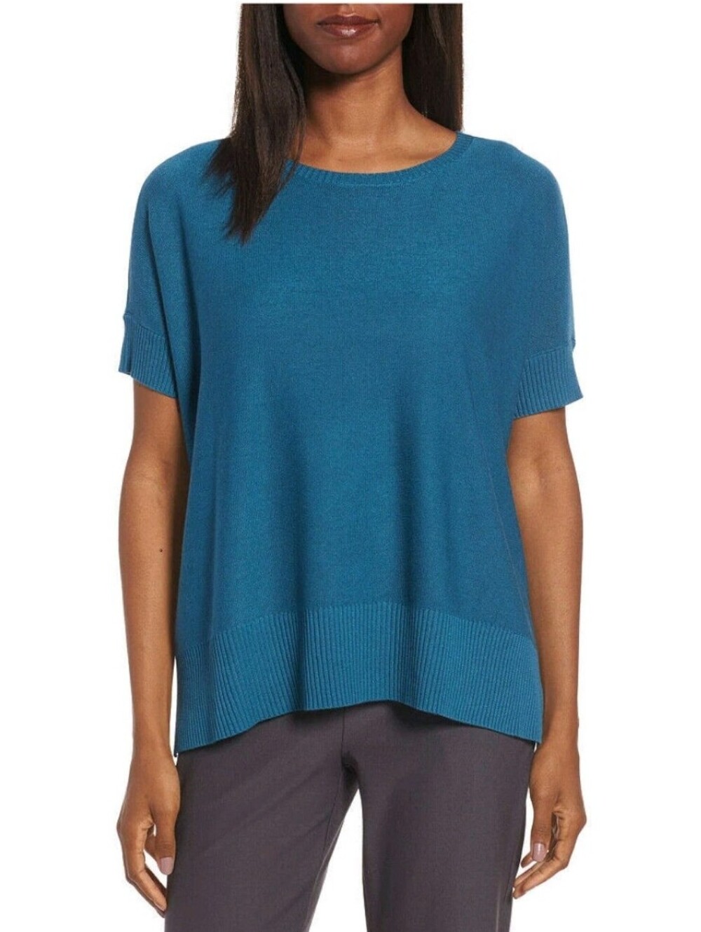 EILEEN FISHER Nile Blue Boxy Tencel Merino Wool Knit Sweater Top XL.
